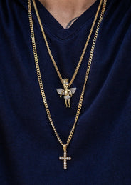 Gold Plated Iced Out Angel & Cross With Cuban Link & Franco Chain