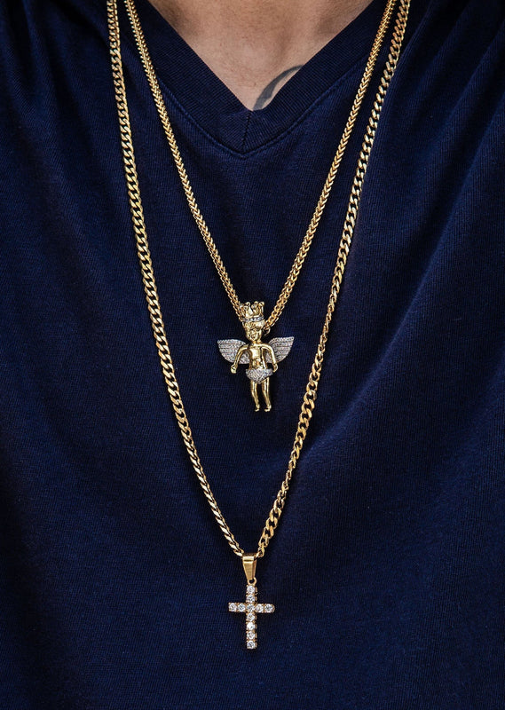 Gold Plated Iced Out Angel & Cross With Cuban Link & Franco Chain