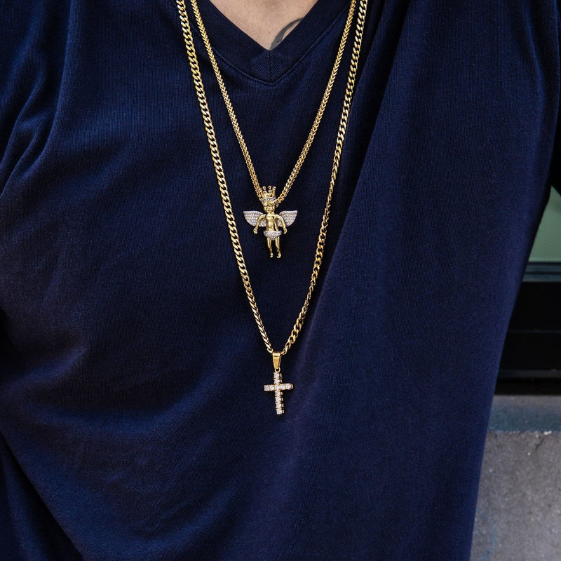 Gold Plated Iced Out Angel & Cross With Cuban Link & Franco Chain