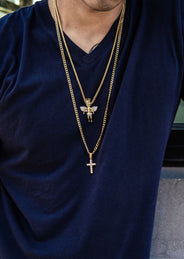 Gold Plated Iced Out Angel & Cross With Cuban Link & Franco Chain
