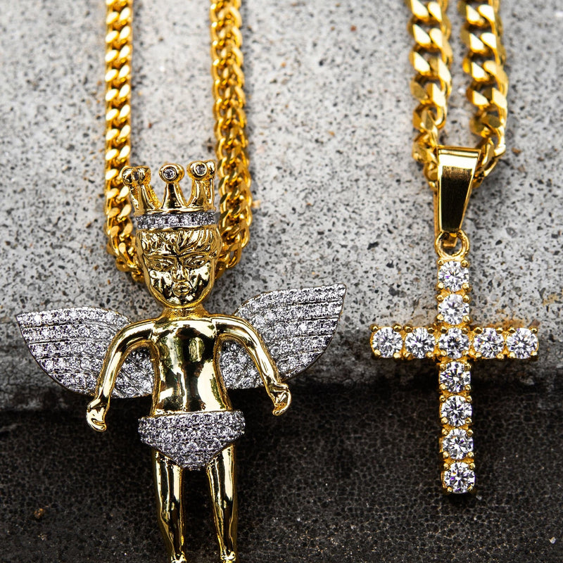 Gold Plated Iced Out Angel & Cross With Cuban Link & Franco Chain