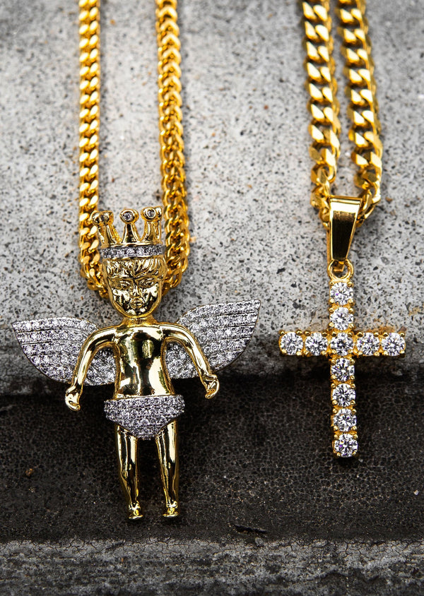 Gold Plated Iced Out Angel & Cross With Cuban Link & Franco Chain