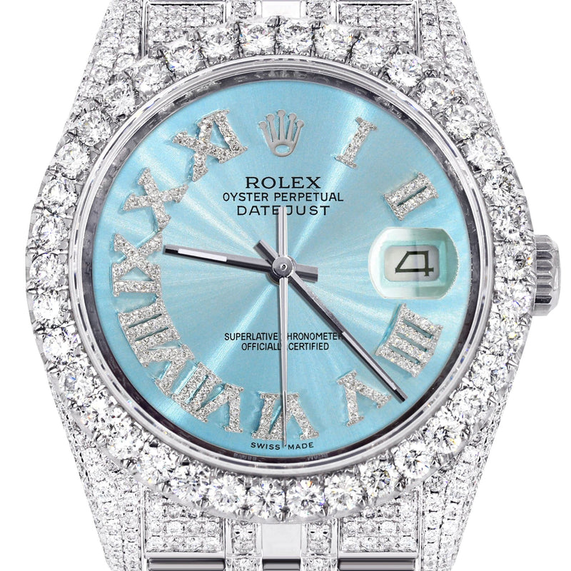 Iced Out Rolex Datejust 36 MM | Stainless Steel | 16.5 Carats of Diamonds | Sky Blue Roman Diamond Dial | Jubilee Band | Model 116200