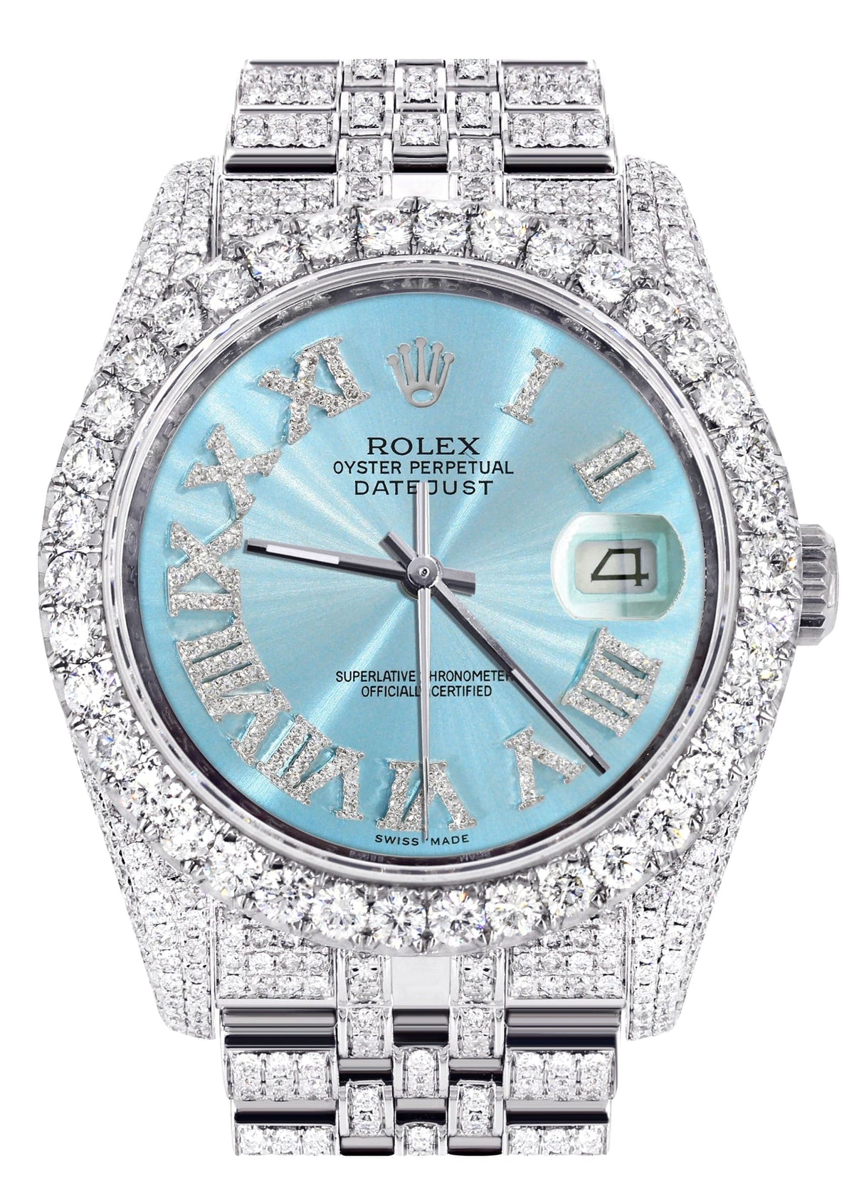 Iced Out Rolex Datejust 36 MM | Stainless Steel | 16.5 Carats of Diamonds | Sky Blue Roman Diamond Dial | Jubilee Band | Model 116200
