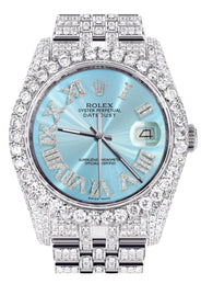 Iced Out Rolex Datejust 36 MM | Stainless Steel | 16.5 Carats of Diamonds | Sky Blue Roman Diamond Dial | Jubilee Band | Model 116200