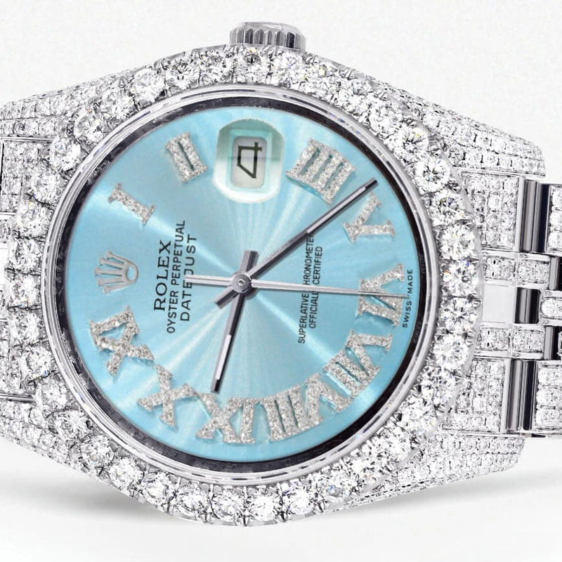 Iced Out Rolex Datejust 36 MM | Stainless Steel | 16.5 Carats of Diamonds | Sky Blue Roman Diamond Dial | Jubilee Band | Model 116200