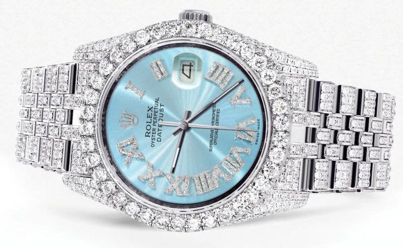 Iced Out Rolex Datejust 36 MM | Stainless Steel | 16.5 Carats of Diamonds | Sky Blue Roman Diamond Dial | Jubilee Band | Model 116200
