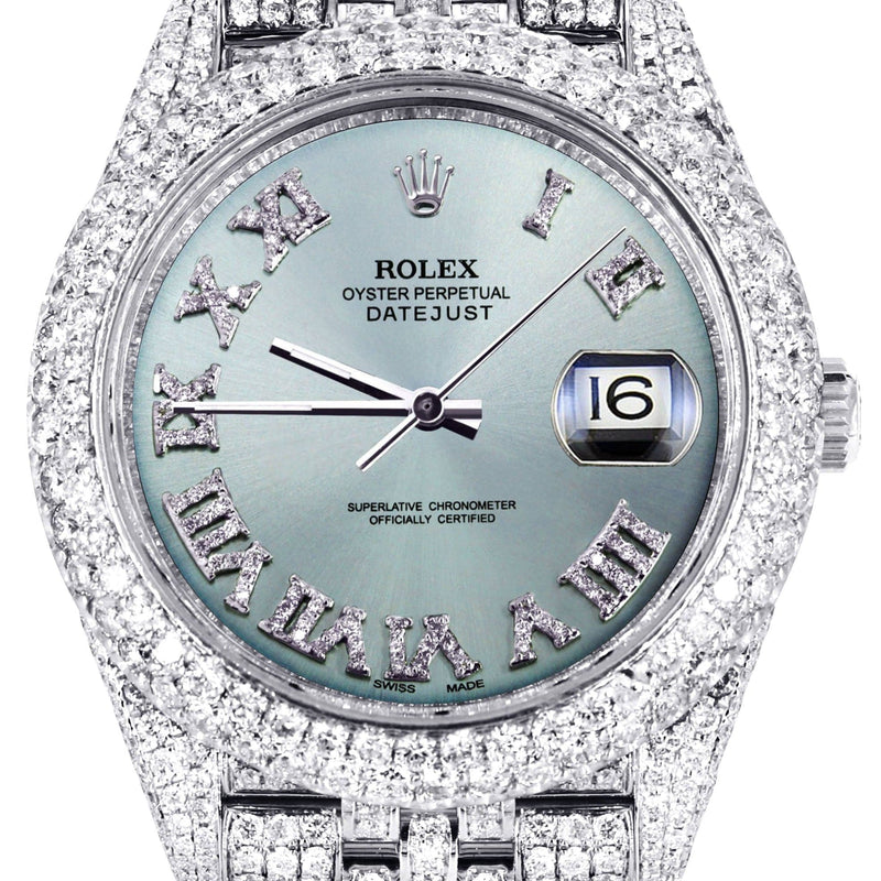 Diamond Iced Out Rolex Datejust 41 | 25 Carats Of Diamonds | Custom Teal Roman Diamond Dial | Two Row | Jubilee Band