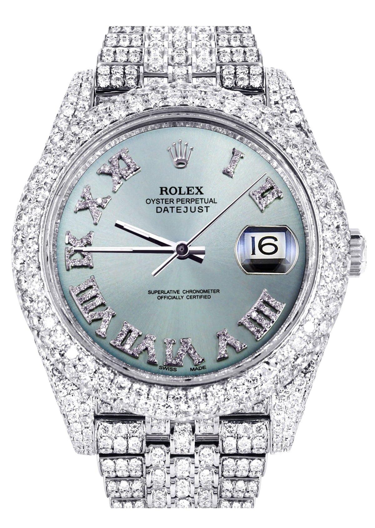 Diamond Iced Out Rolex Datejust 41 | 25 Carats Of Diamonds | Custom Teal Roman Diamond Dial | Two Row | Jubilee Band