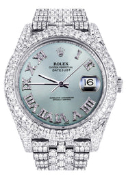 Diamond Iced Out Rolex Datejust 41 | 25 Carats Of Diamonds | Custom Teal Roman Diamond Dial | Two Row | Jubilee Band