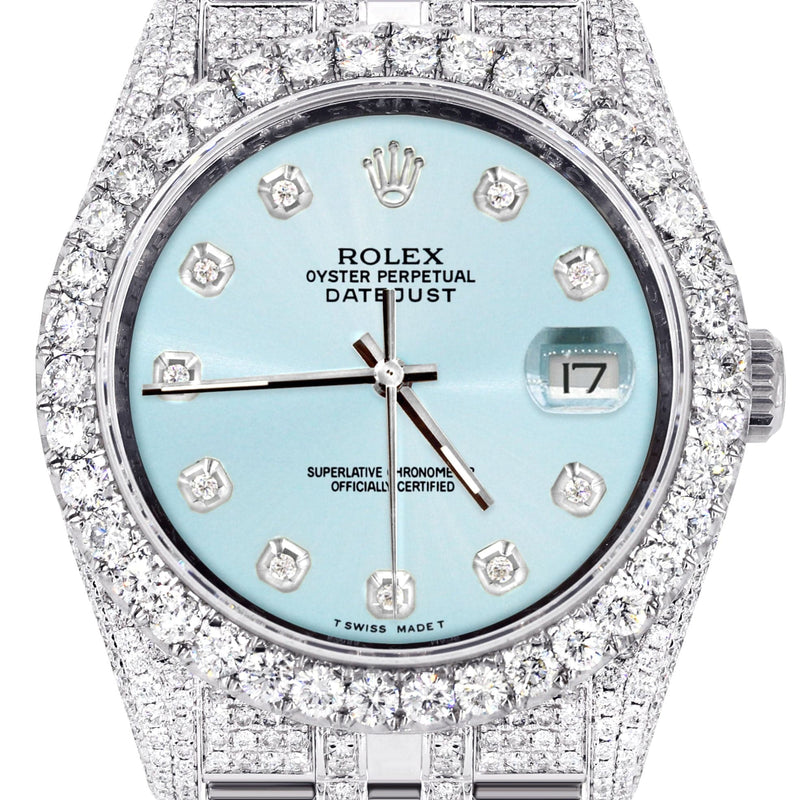 Iced Out Rolex Datejust 36 MM | Stainless Steel | 16.5 Carats of Diamonds | Light Blue Diamond Dial | Jubilee Band | Model 116200