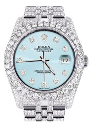 Iced Out Rolex Datejust 36 MM | Stainless Steel | 16.5 Carats of Diamonds | Light Blue Diamond Dial | Jubilee Band | Model 116200