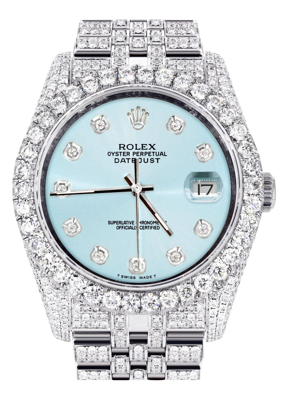 Iced Out Rolex Datejust 36 MM | Stainless Steel | 16.5 Carats of Diamonds | Light Blue Diamond Dial | Jubilee Band | Model 116200
