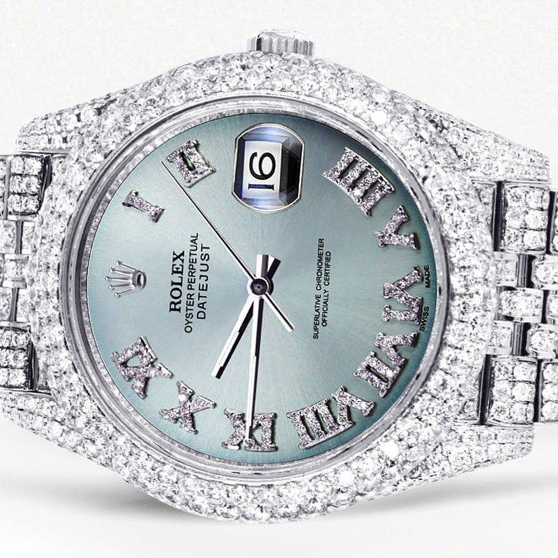 Womens Diamond Iced Out Rolex Datejust 41 | 25 Carats Of Diamonds | Custom Teal Roman Diamond Dial | Two Row | Jubilee Band