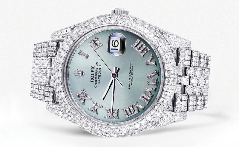Womens Diamond Iced Out Rolex Datejust 41 | 25 Carats Of Diamonds | Custom Teal Roman Diamond Dial | Two Row | Jubilee Band