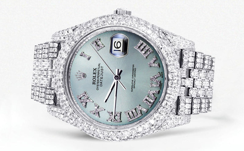Diamond Iced Out Rolex Datejust 41 | 25 Carats Of Diamonds | Custom Teal Roman Diamond Dial | Two Row | Jubilee Band