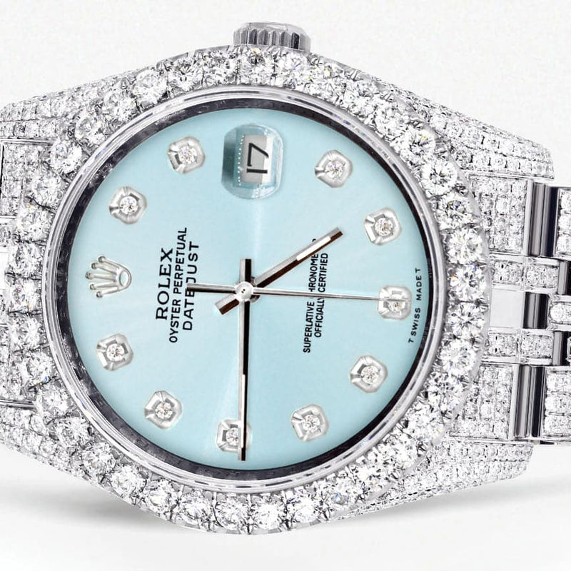 Iced Out Rolex Datejust 36 MM | Stainless Steel | 16.5 Carats of Diamonds | Light Blue Diamond Dial | Jubilee Band | Model 116200