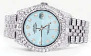 Iced Out Rolex Datejust 36 MM | Stainless Steel | 16.5 Carats of Diamonds | Light Blue Diamond Dial | Jubilee Band | Model 116200