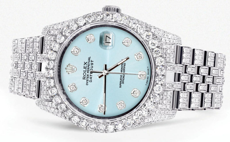 Iced Out Rolex Datejust 36 MM | Stainless Steel | 16.5 Carats of Diamonds | Light Blue Diamond Dial | Jubilee Band | Model 116200