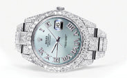 Diamond Iced Out Rolex Datejust 41 | 25 Carats Of Diamonds | Custom Teal Roman Diamond Dial | Two Row | Oyster Band