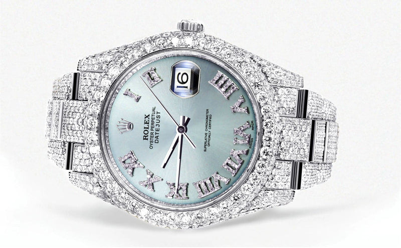 Diamond Iced Out Rolex Datejust 41 | 25 Carats Of Diamonds | Custom Teal Roman Diamond Dial | Two Row | Oyster Band