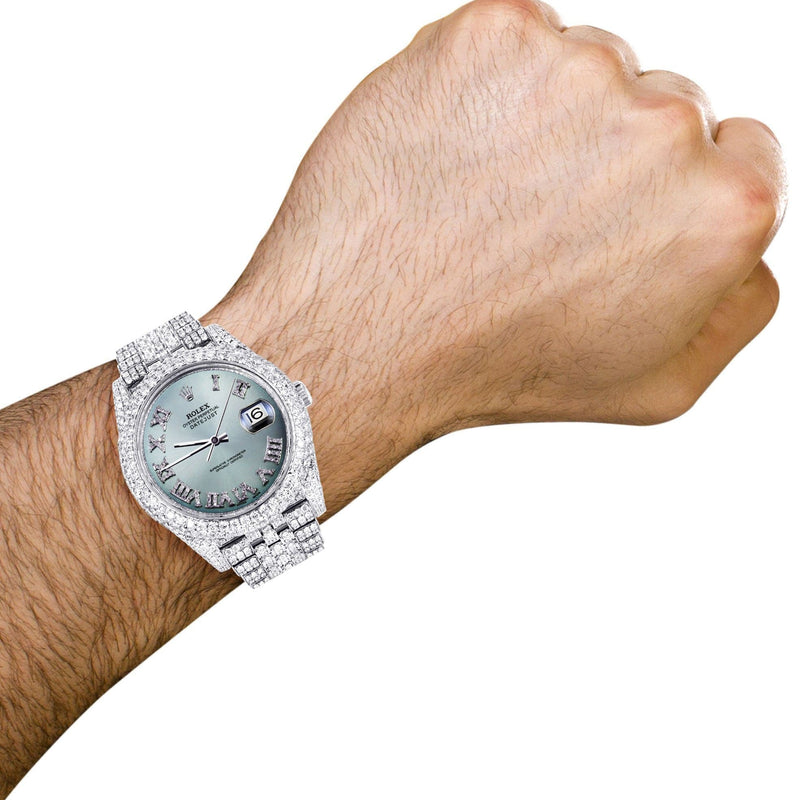 Diamond Iced Out Rolex Datejust 41 | 25 Carats Of Diamonds | Custom Teal Roman Diamond Dial | Two Row | Jubilee Band