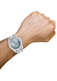 Diamond Iced Out Rolex Datejust 41 | 25 Carats Of Diamonds | Custom Teal Roman Diamond Dial | Two Row | Jubilee Band