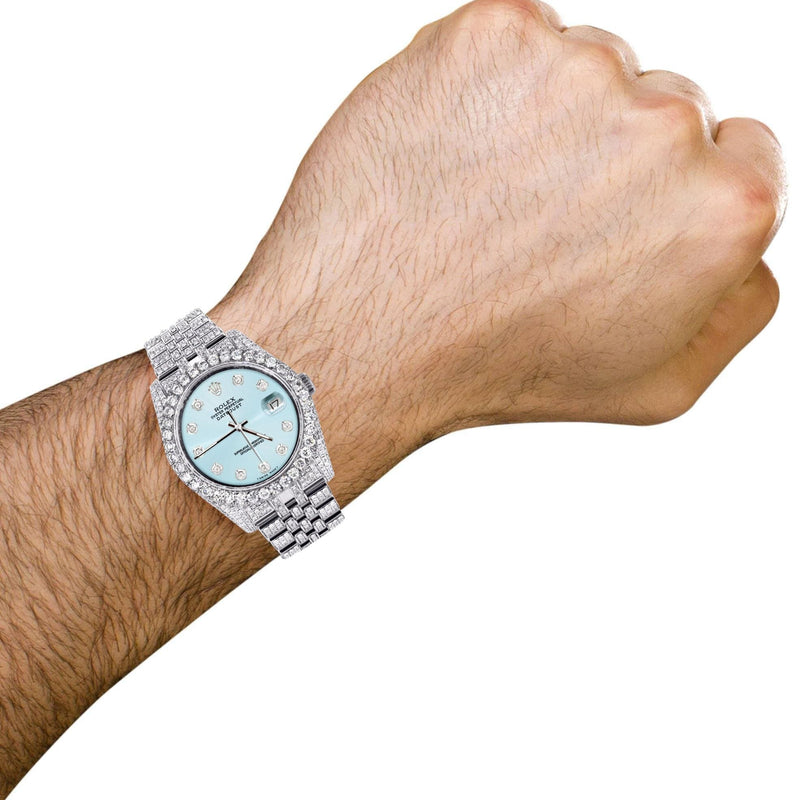 Iced Out Rolex Datejust 36 MM | Stainless Steel | 16.5 Carats of Diamonds | Light Blue Diamond Dial | Jubilee Band | Model 116200