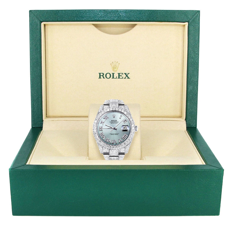 Diamond Iced Out Rolex Datejust 41 | 25 Carats Of Diamonds | Custom Teal Roman Diamond Dial | Two Row | Oyster Band