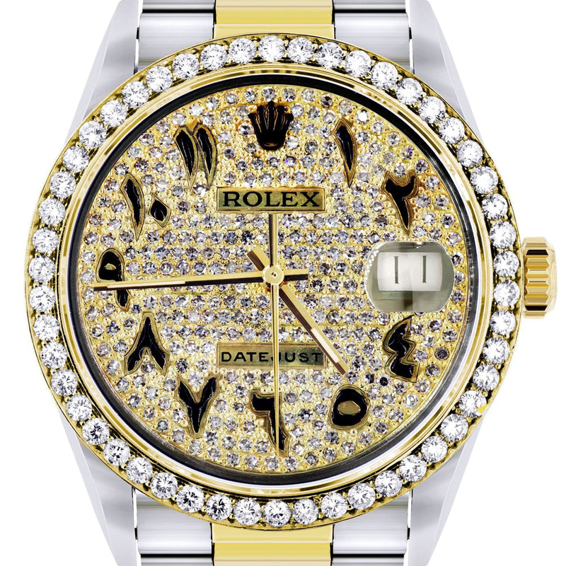 Diamond Gold Rolex Watch For Men 16233 | 36Mm | Black Arabic Full Diamond Dial | Oyster Band