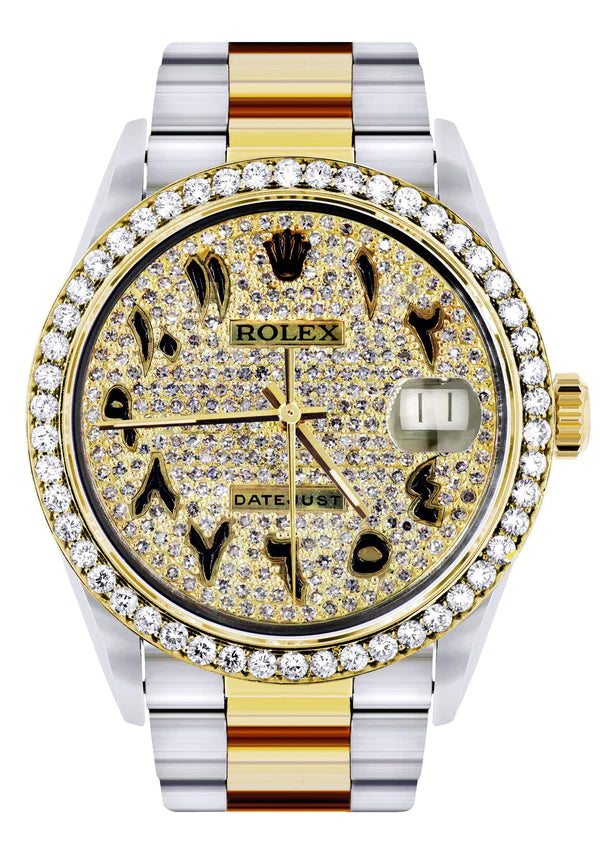 Diamond Gold Rolex Datejust Watch 16233 | 36MM | Black Arabic Full Diamond Dial | Stainless Steel | Oyster Band