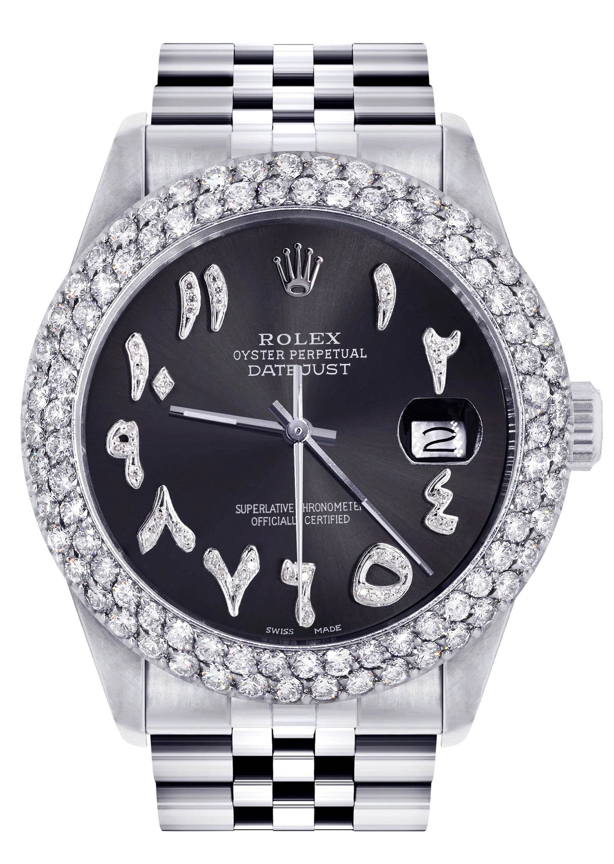 Womens Rolex Datejust Watch 16200 | 36Mm | Diamond Black Arabic Numeral Dial | Two Row 4.25 Carat Bezel | Jubilee Band