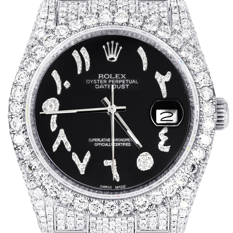 Iced Out Rolex Datejust 36 MM | Stainless Steel | 10 Carats of Diamonds | Black Arabic Diamond Dial | Oyster Band