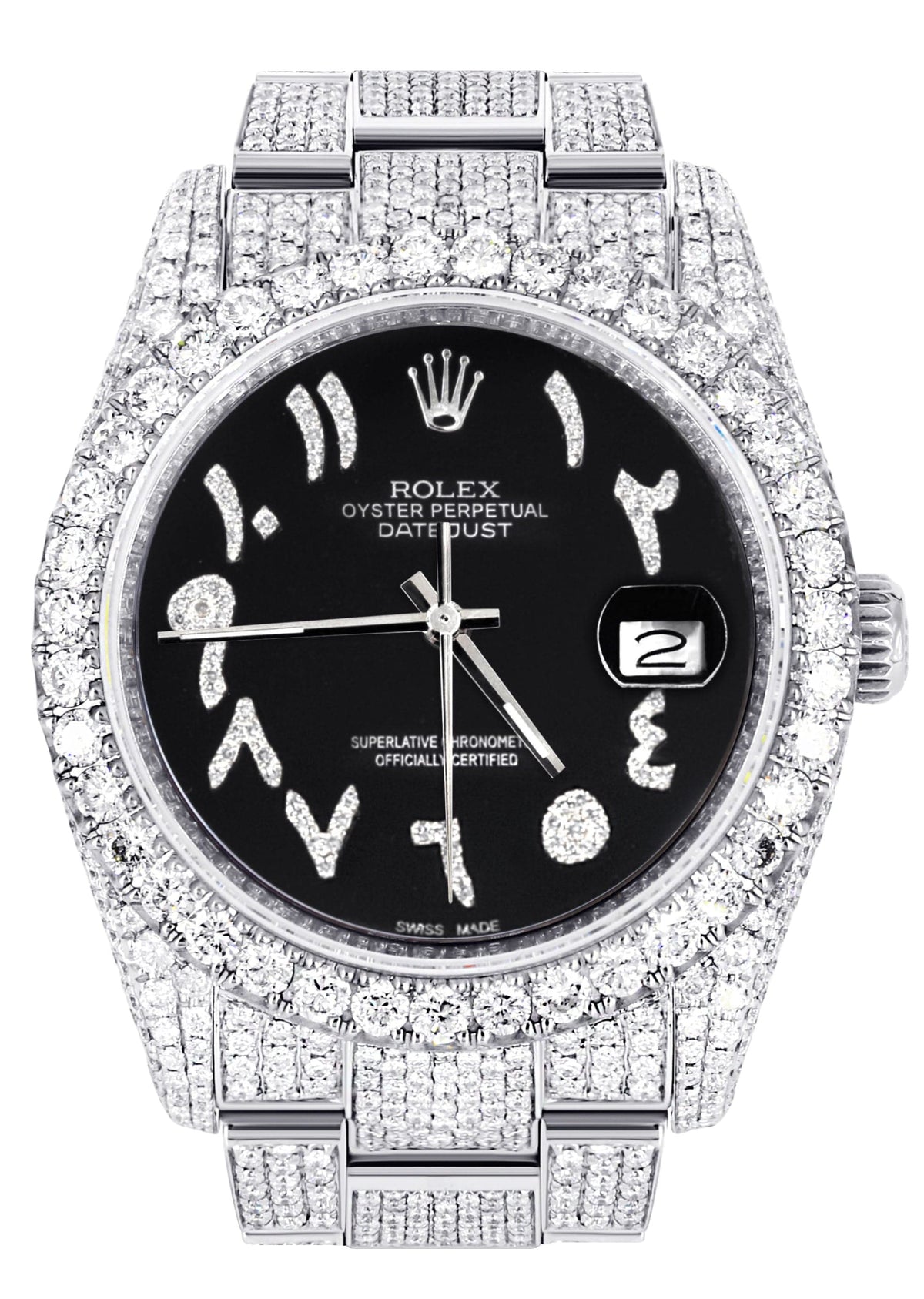 Iced Out Rolex Datejust 36 MM | Stainless Steel | 10 Carats of Diamonds | Black Arabic Diamond Dial | Oyster Band