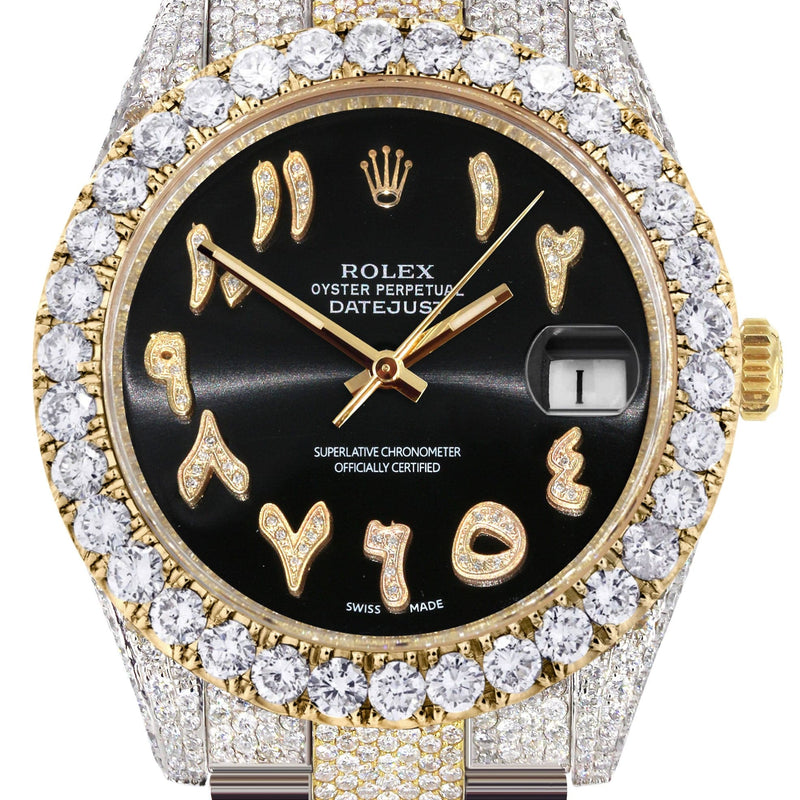 Diamond Iced Out Rolex Datejust 41 | 25 Carats Of Diamonds | Custom Black Arabic Numeral Diamond Dial | Two Tone | Oyster Band