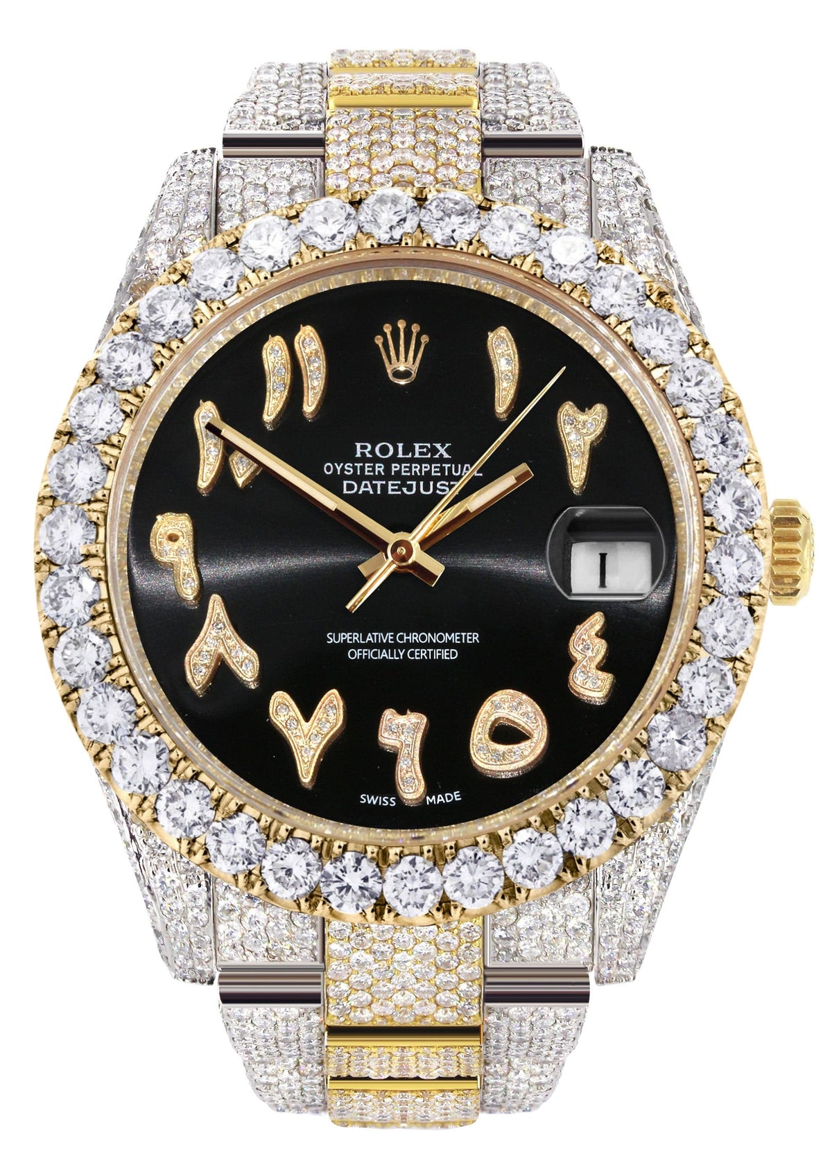 Diamond Iced Out Rolex Datejust 41 | 25 Carats Of Diamonds | Custom Black Arabic Numeral Diamond Dial | Two Tone | Oyster Band