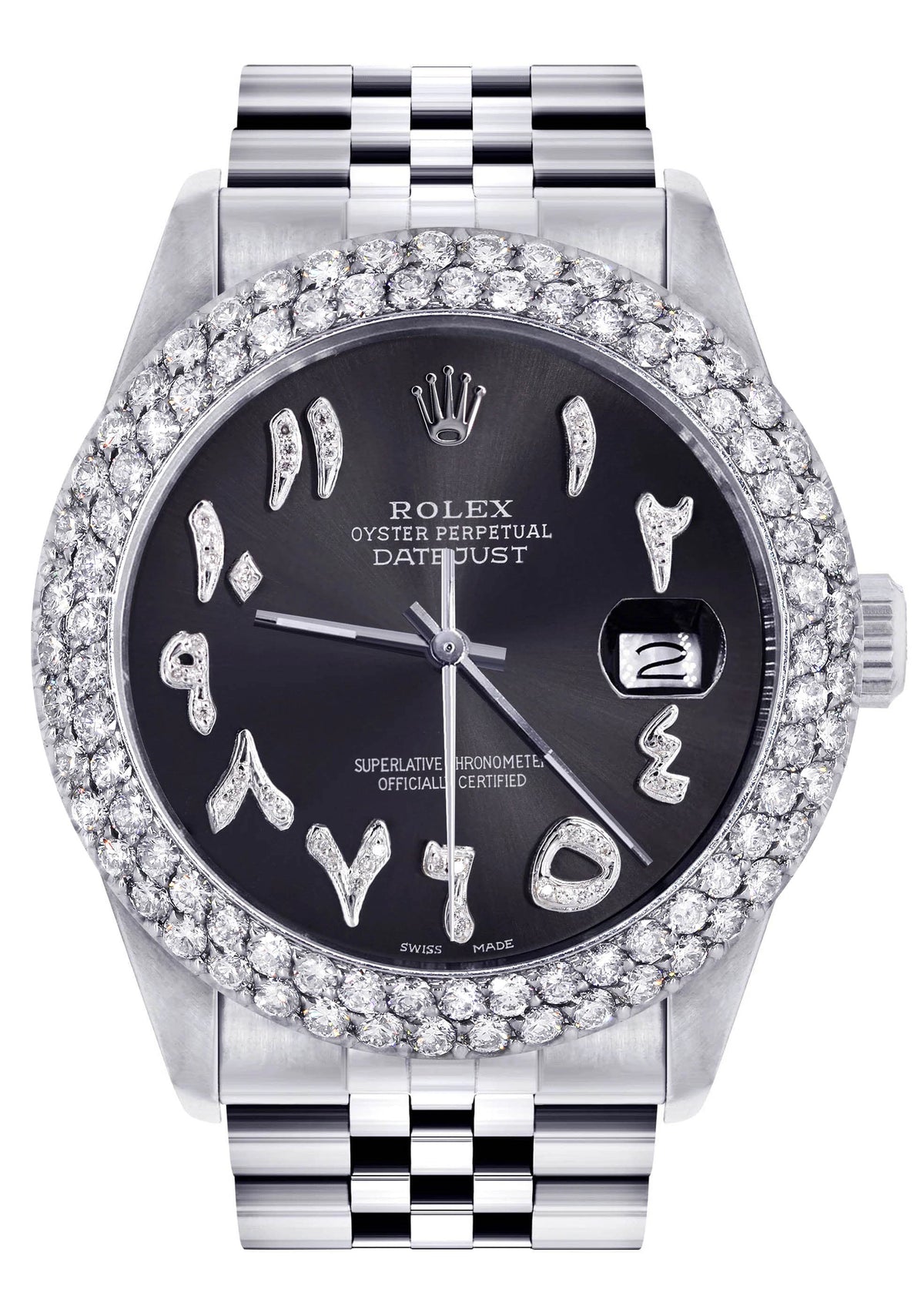 Mens Rolex Datejust Watch 16200 | 36Mm | Diamond Black Arabic Numeral Dial | Two Row 4.25 Carat Bezel | Jubilee Band