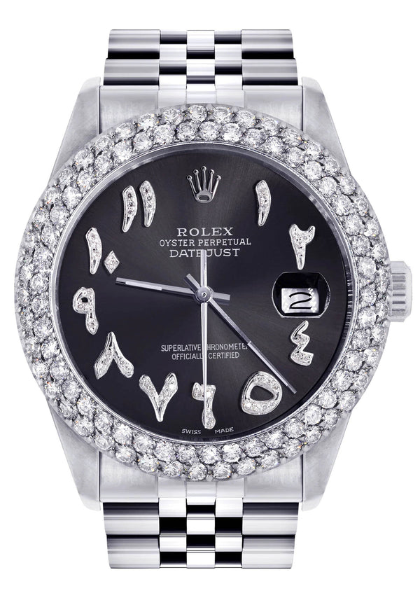Mens Rolex Datejust Watch 16200 | 36Mm | Diamond Black Arabic Numeral Dial | Two Row 4.25 Carat Bezel | Jubilee Band