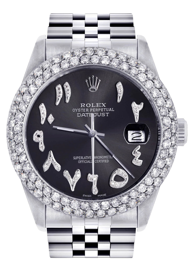Mens Rolex Datejust Watch 16200 | 36Mm | Diamond Black Arabic Numeral Dial | Two Row 4.25 Carat Bezel | Jubilee Band