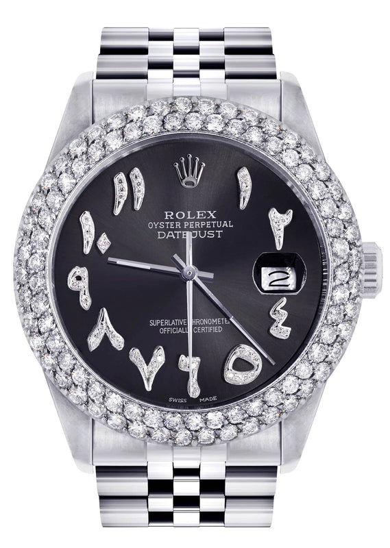 Mens Rolex Datejust Watch 16200 | 36Mm | Diamond Black Arabic Numeral Dial | Two Row 4.25 Carat Bezel | Jubilee Band