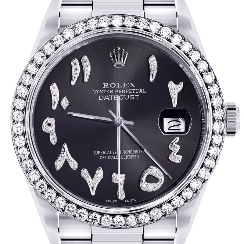 Diamond Mens Rolex Datejust Watch 16200 | 36 MM | Custom Arabic Diamond Dial | Oyster Band | Diamond Bezel