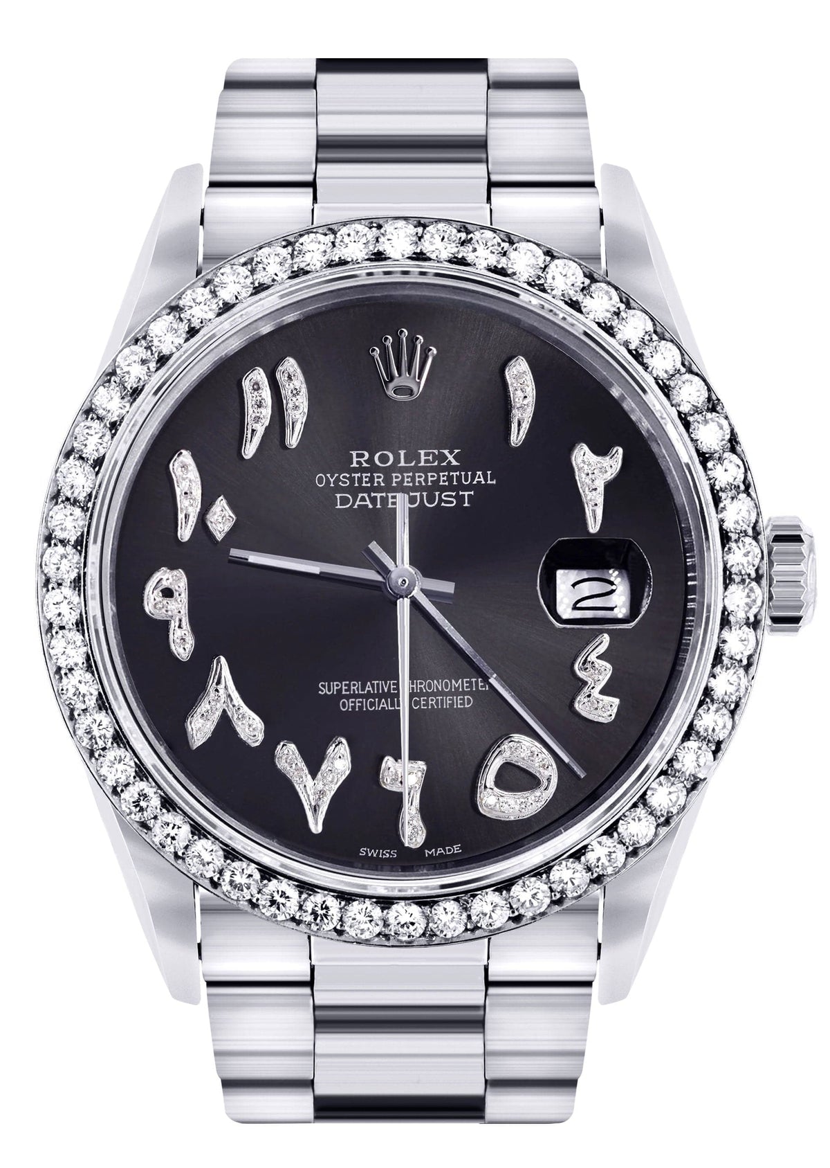 Diamond Mens Rolex Datejust Watch 16200 | 36 MM | Custom Arabic Diamond Dial | Oyster Band | Diamond Bezel