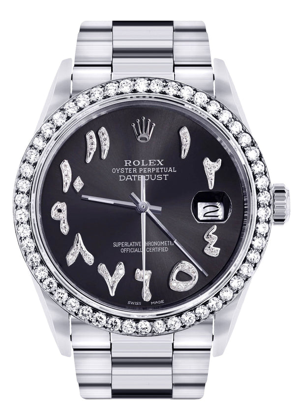 Diamond Mens Rolex Datejust Watch 16200 | 36 MM | Custom Arabic Diamond Dial | Oyster Band | Diamond Bezel