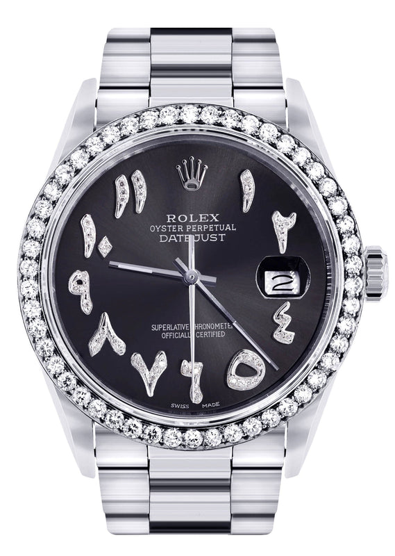 Diamond Mens Rolex Datejust Watch 16200 | 36 MM | Custom Arabic Diamond Dial | Oyster Band | Diamond Bezel