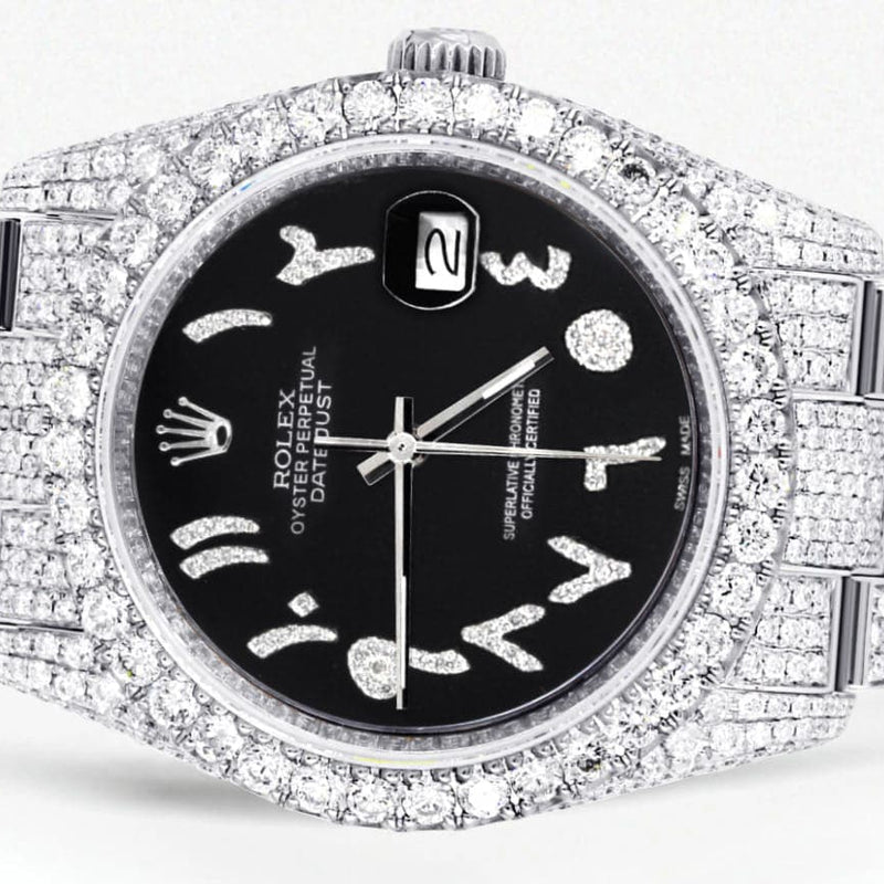 Iced Out Rolex Datejust 36 MM | Stainless Steel | 10 Carats of Diamonds | Black Arabic Diamond Dial | Oyster Band
