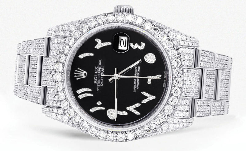 Iced Out Rolex Datejust 36 MM | Stainless Steel | 10 Carats of Diamonds | Black Arabic Diamond Dial | Oyster Band