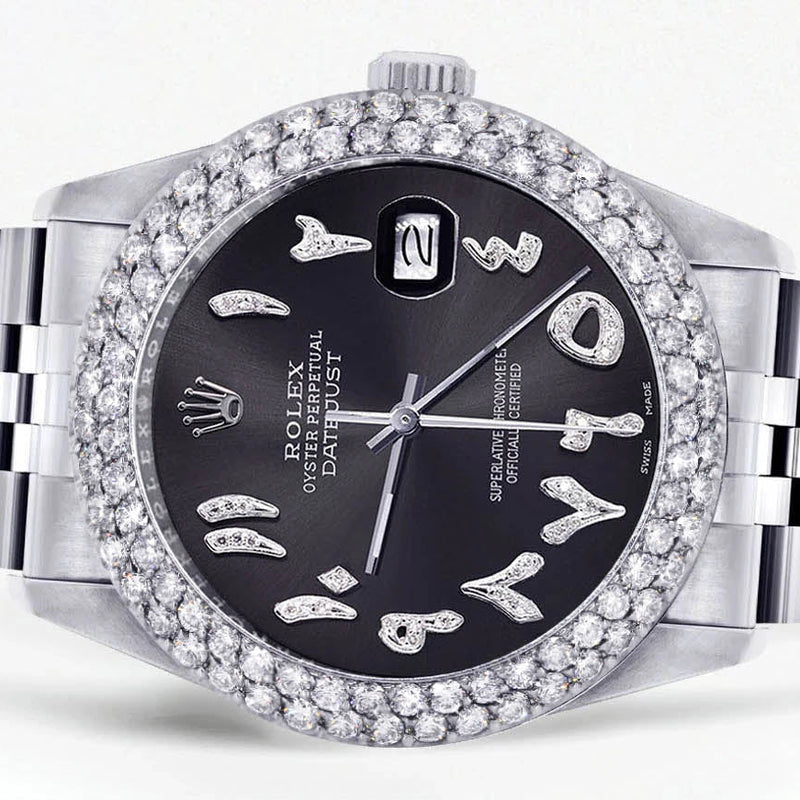 Womens Rolex Datejust Watch 16200 | 36Mm | Diamond Black Arabic Numeral Dial | Two Row 4.25 Carat Bezel | Jubilee Band
