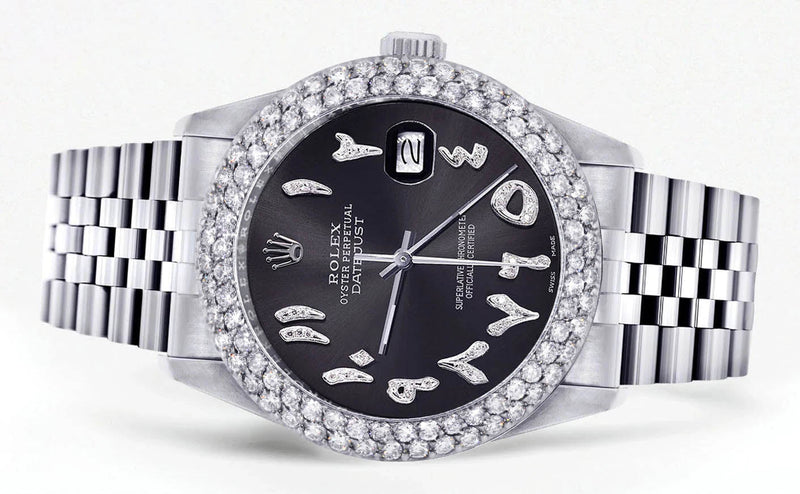 Womens Rolex Datejust Watch 16200 | 36Mm | Diamond Black Arabic Numeral Dial | Two Row 4.25 Carat Bezel | Jubilee Band