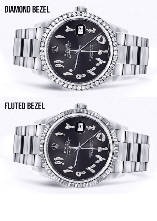 Diamond Mens Rolex Datejust Watch 16200 | 36 MM | Custom Arabic Diamond Dial | Oyster Band | Diamond Bezel