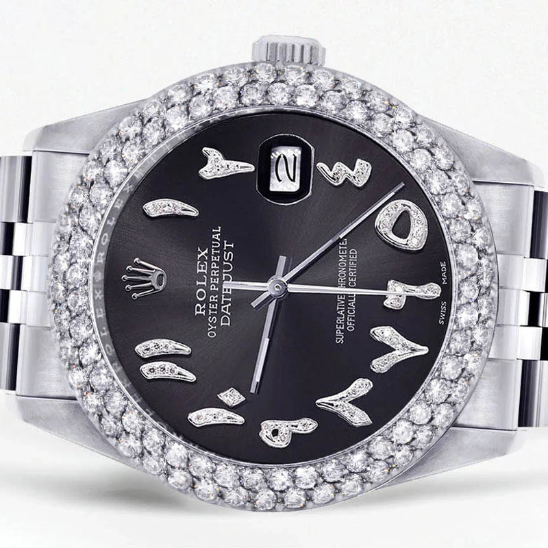 Mens Rolex Datejust Watch 16200 | 36Mm | Diamond Black Arabic Numeral Dial | Two Row 4.25 Carat Bezel | Jubilee Band